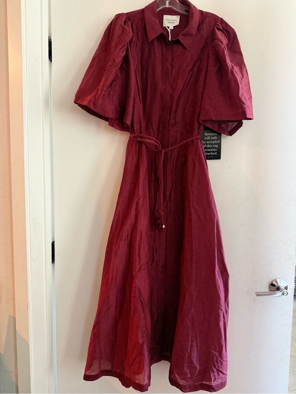 Tuckernuck Hyacinth House Oxblood Cindy Puff Sleeve Linen Blend Midi Dress Sz M - Picture 2 of 5